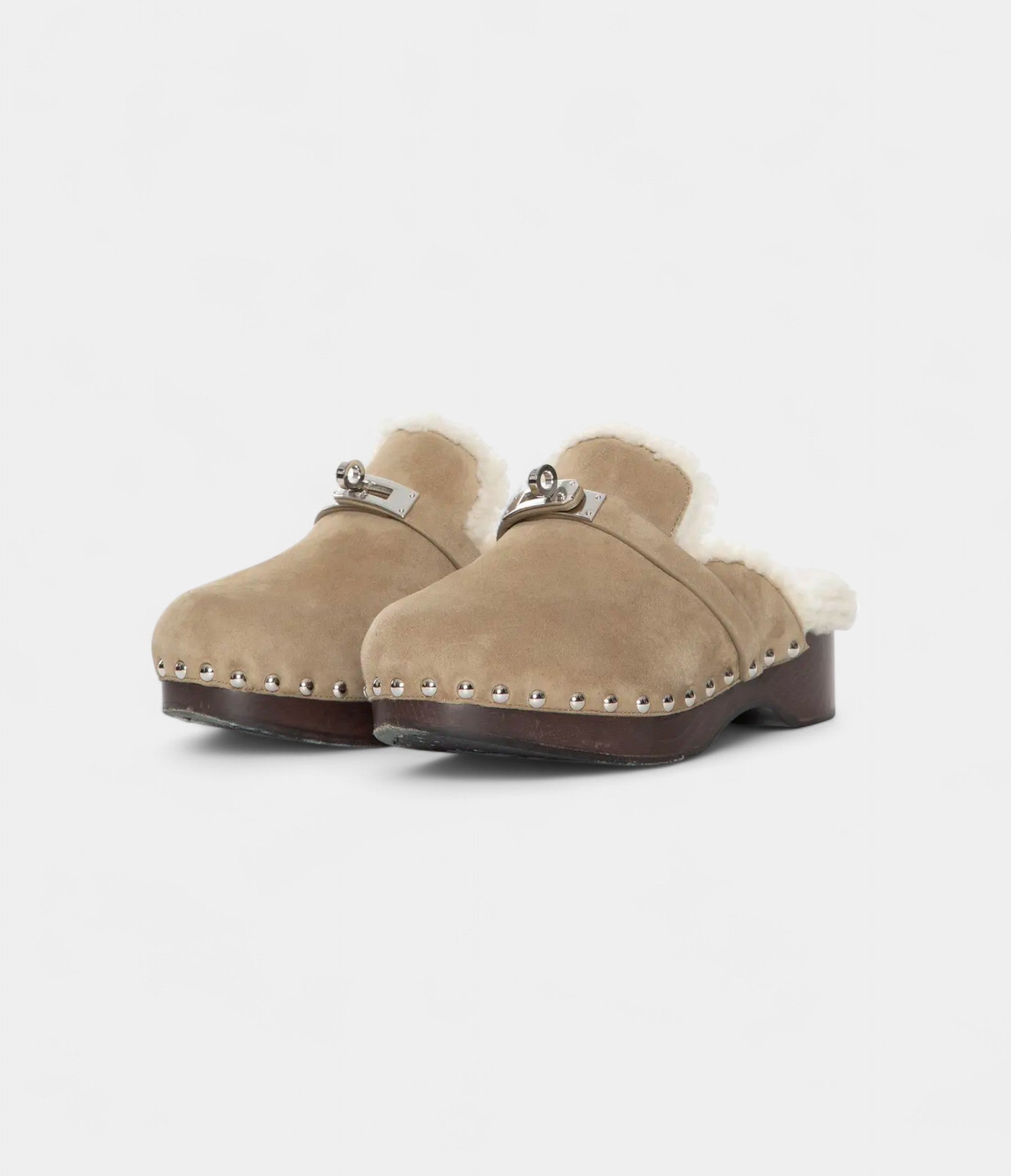 HMShearling-Lined Suede Mules with Studded Wooden Sole