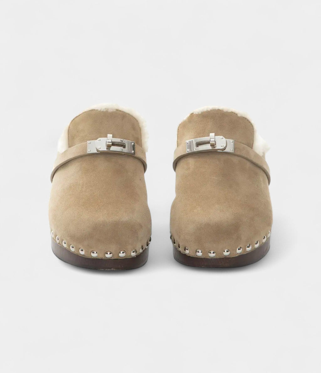 HMShearling-Lined Suede Mules with Studded Wooden Sole