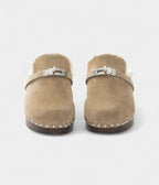 HMShearling-Lined Suede Mules with Studded Wooden Sole