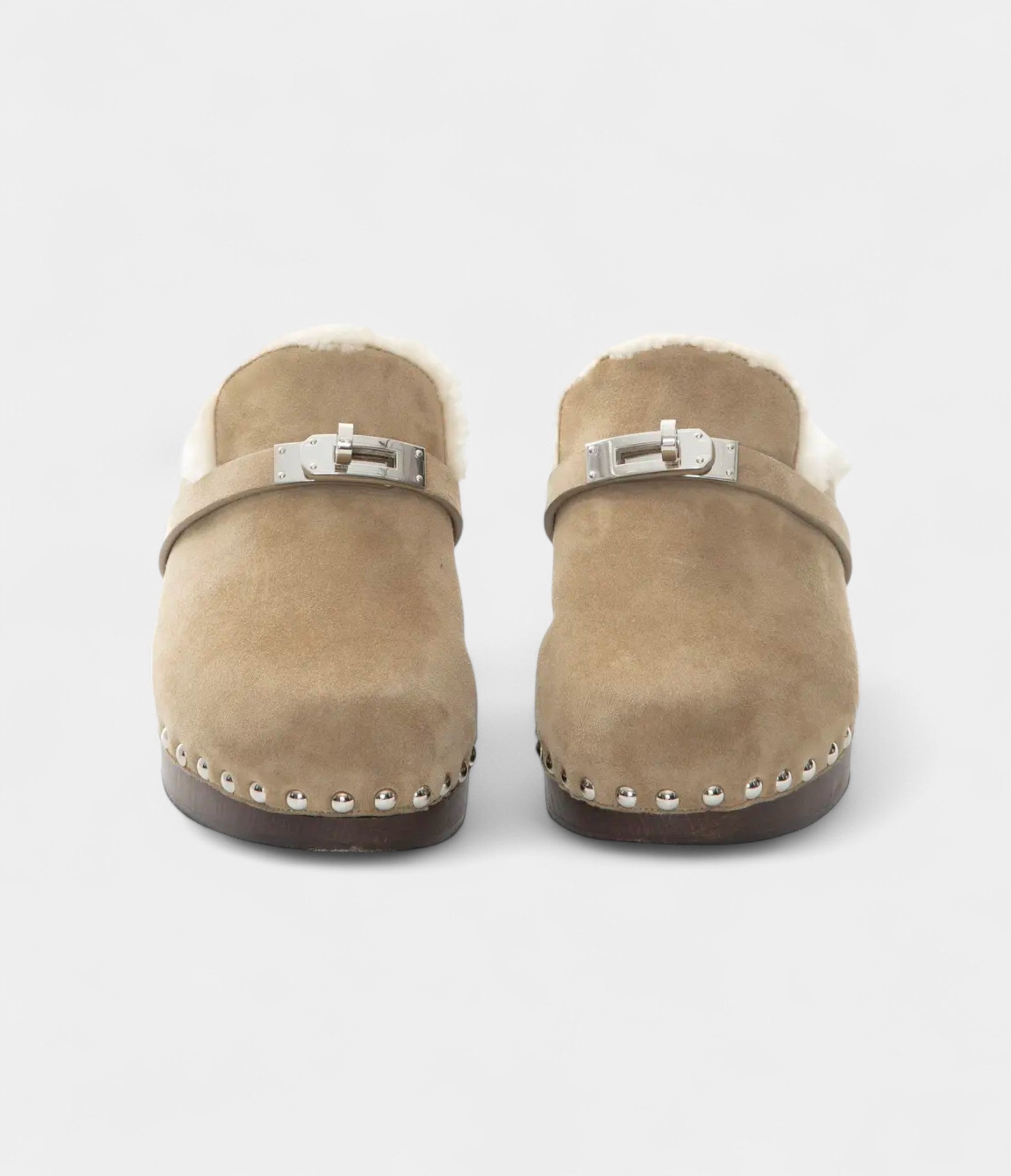 HMShearling-Lined Suede Mules with Studded Wooden Sole