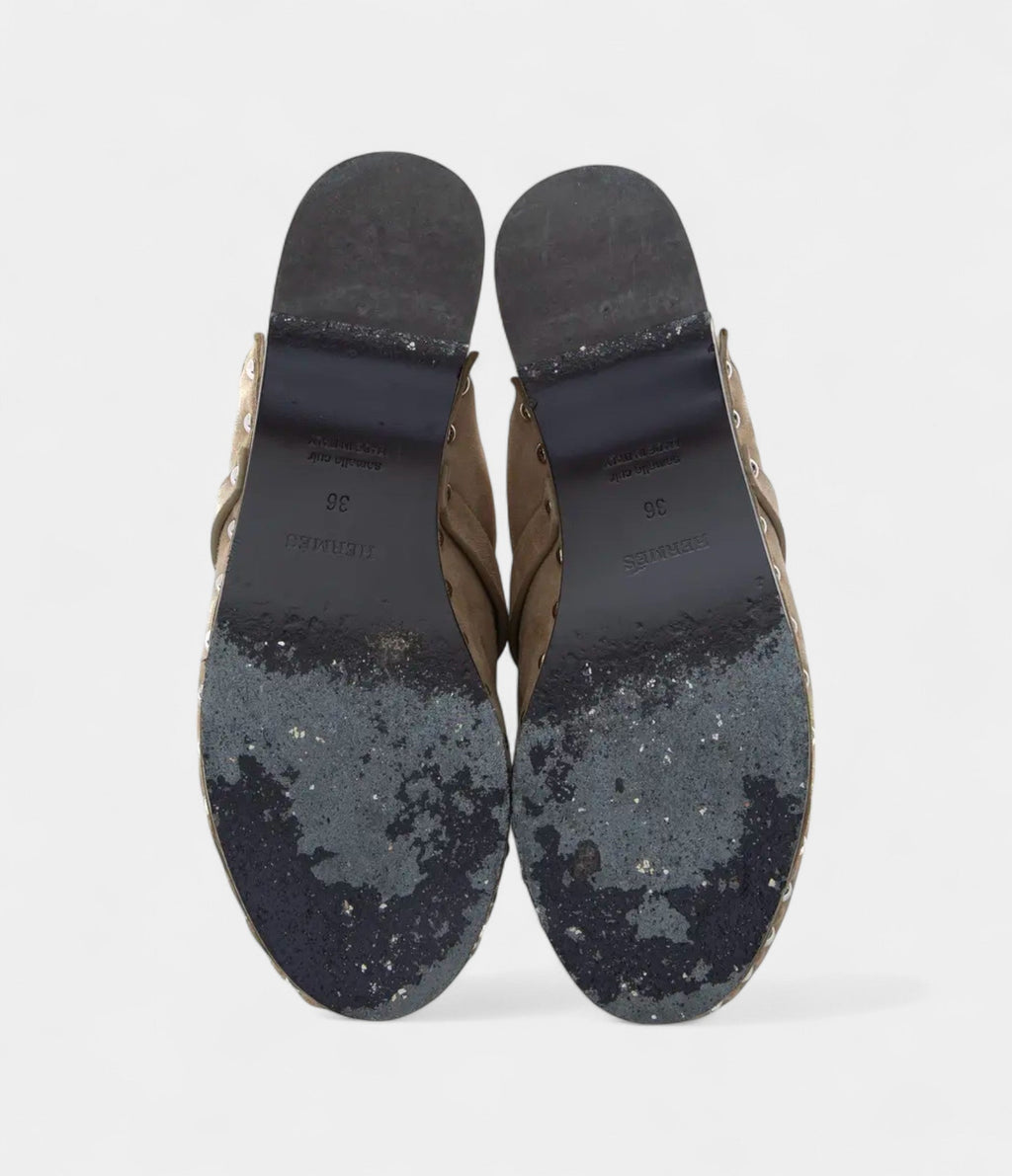 HMShearling-Lined Suede Mules with Studded Wooden Sole