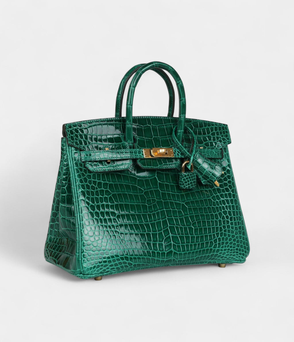 HM BK 25 Emerald Shiny Porosus Crocodile Gold Hardware