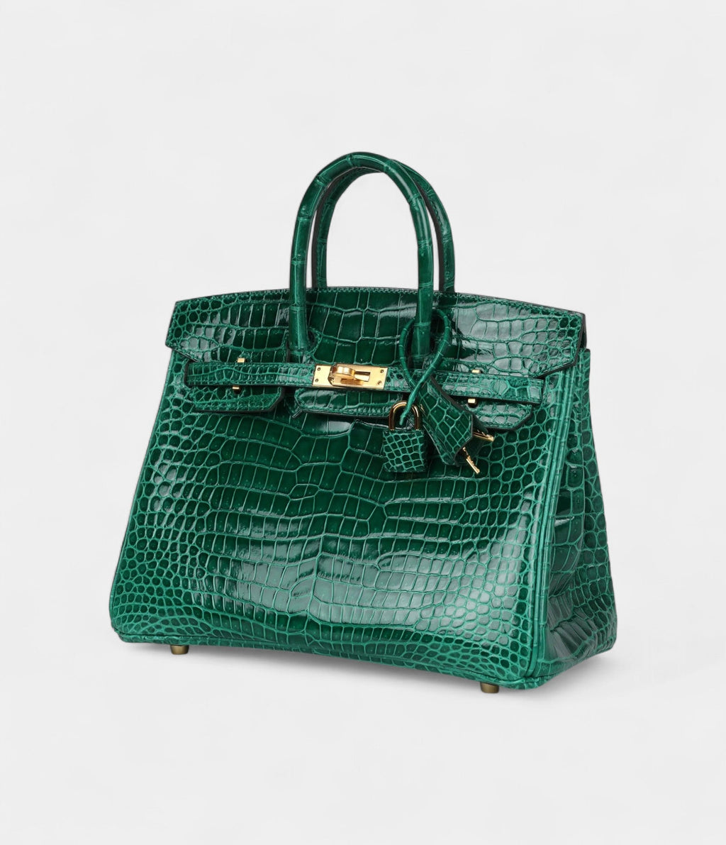 HM BK 25 Emerald Shiny Porosus Crocodile Gold Hardware
