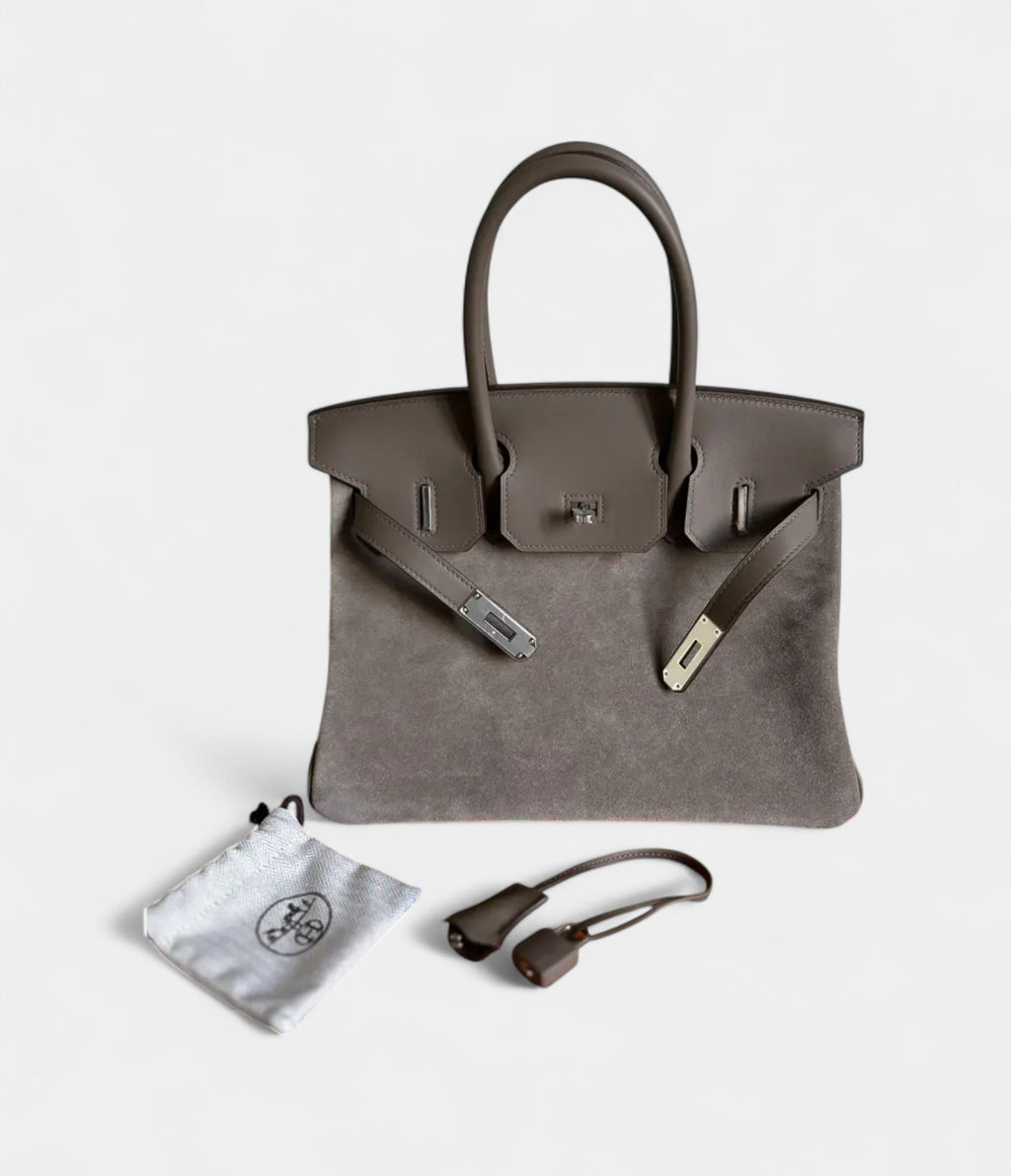 HM BK 30 Grey Suede Handbag Understated Luxury in a Rare Texture