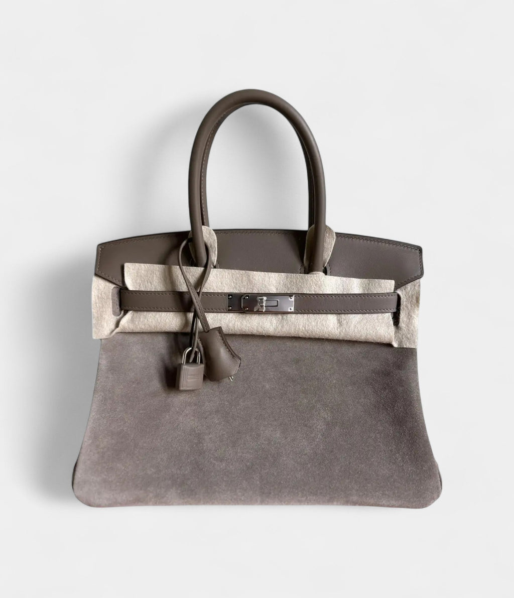 HM BK 30 Grey Suede Handbag Understated Luxury in a Rare Texture