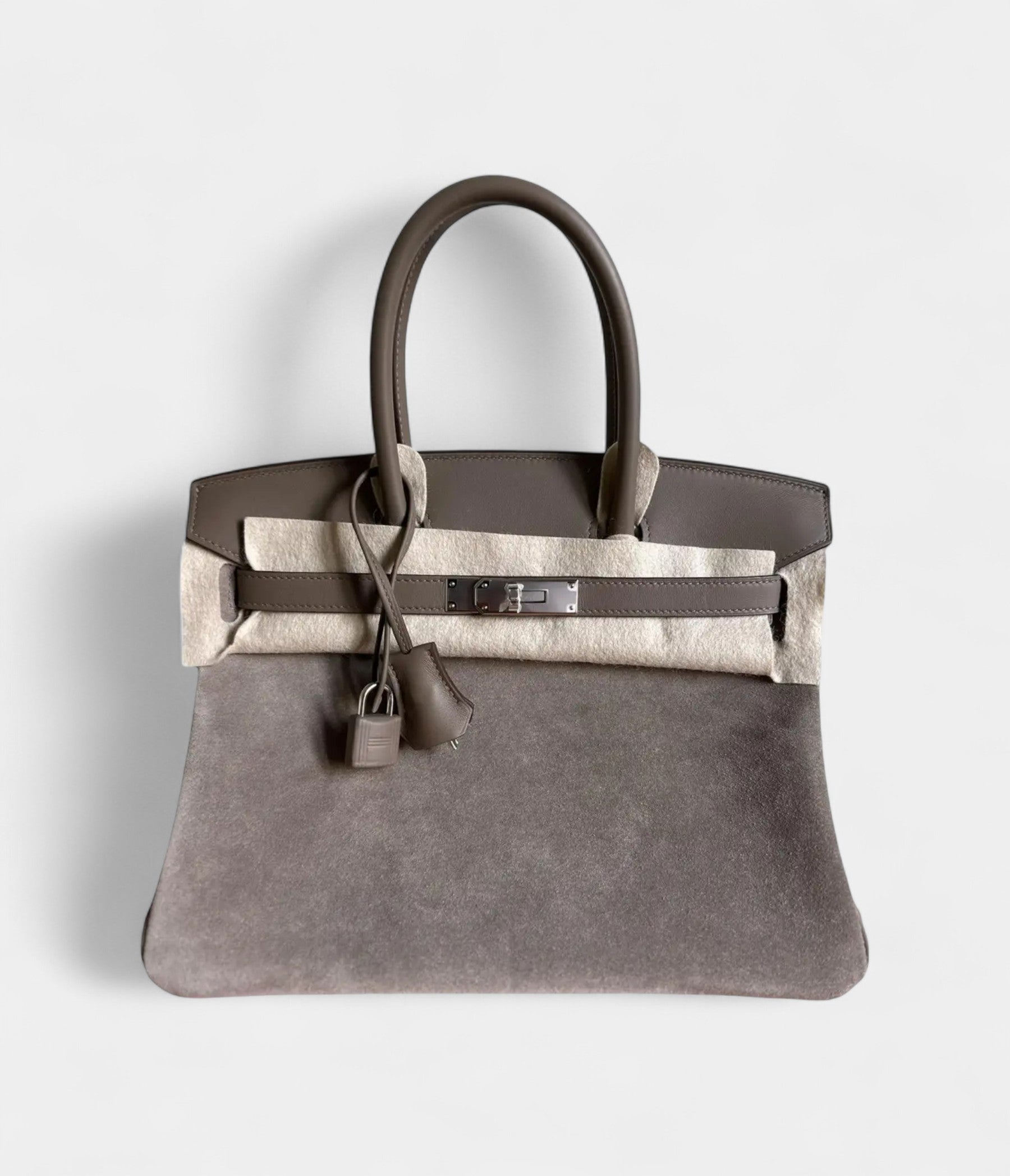 HM BK 30 Grey Suede Handbag Understated Luxury in a Rare Texture