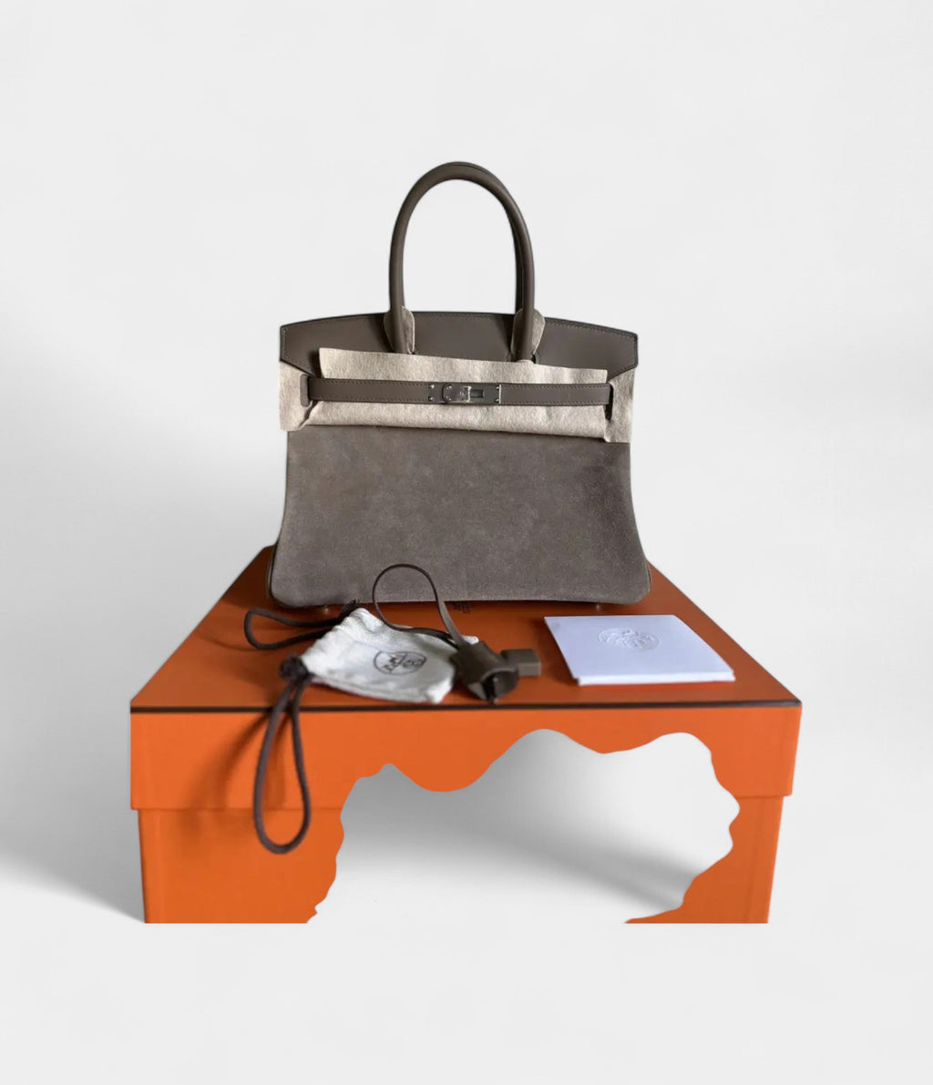 HM BK 30 Grey Suede Handbag Understated Luxury in a Rare Texture