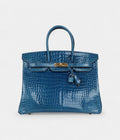 HM BK 35 Bleu Mykonos Shiny Porosus Crocodile Gold Hardware