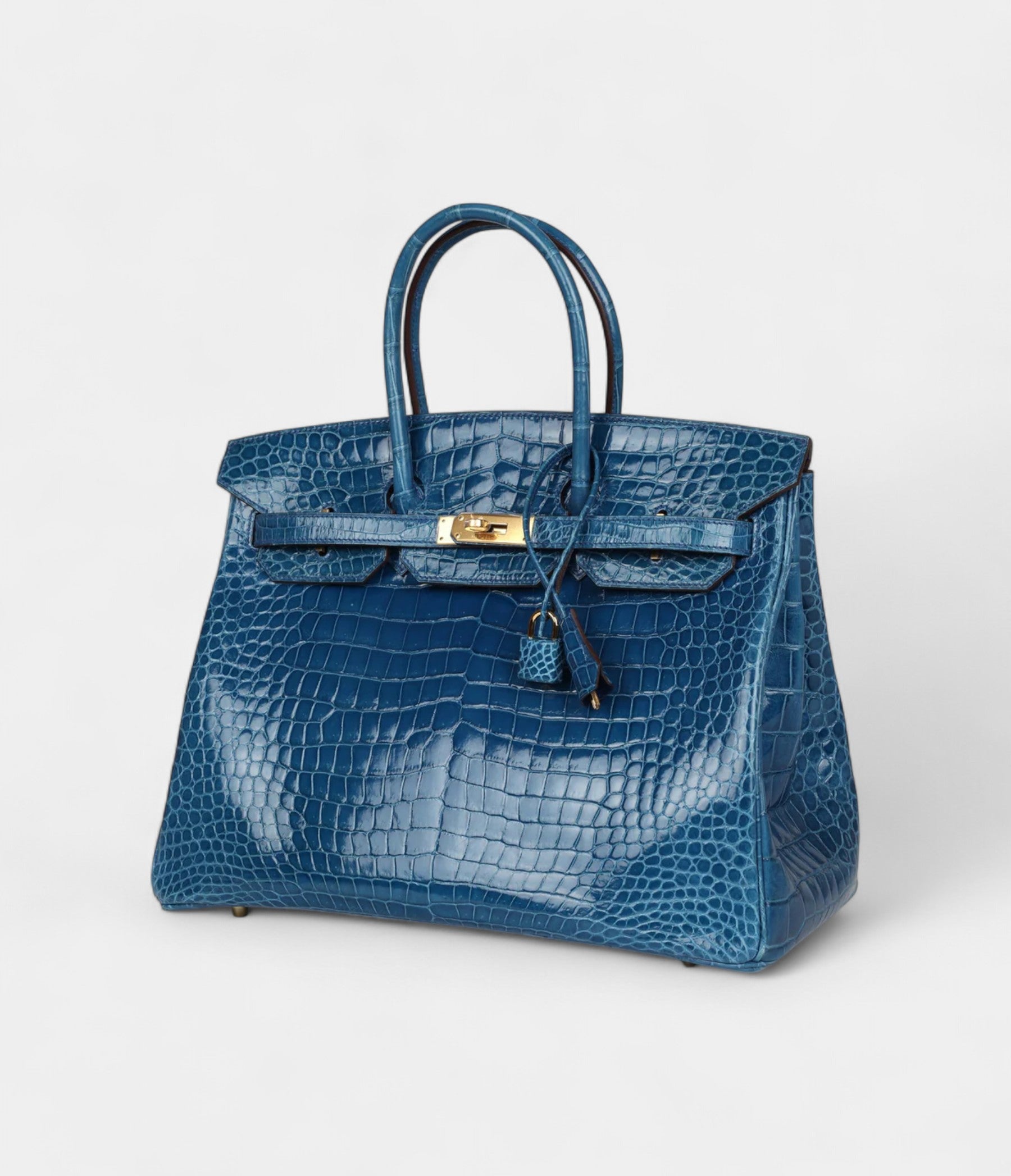 HM BK 35 Bleu Mykonos Shiny Porosus Crocodile Gold Hardware