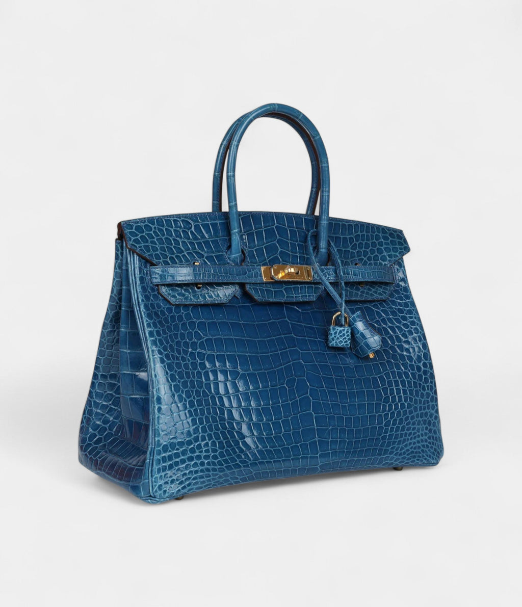 HM BK 35 Bleu Mykonos Shiny Porosus Crocodile Gold Hardware
