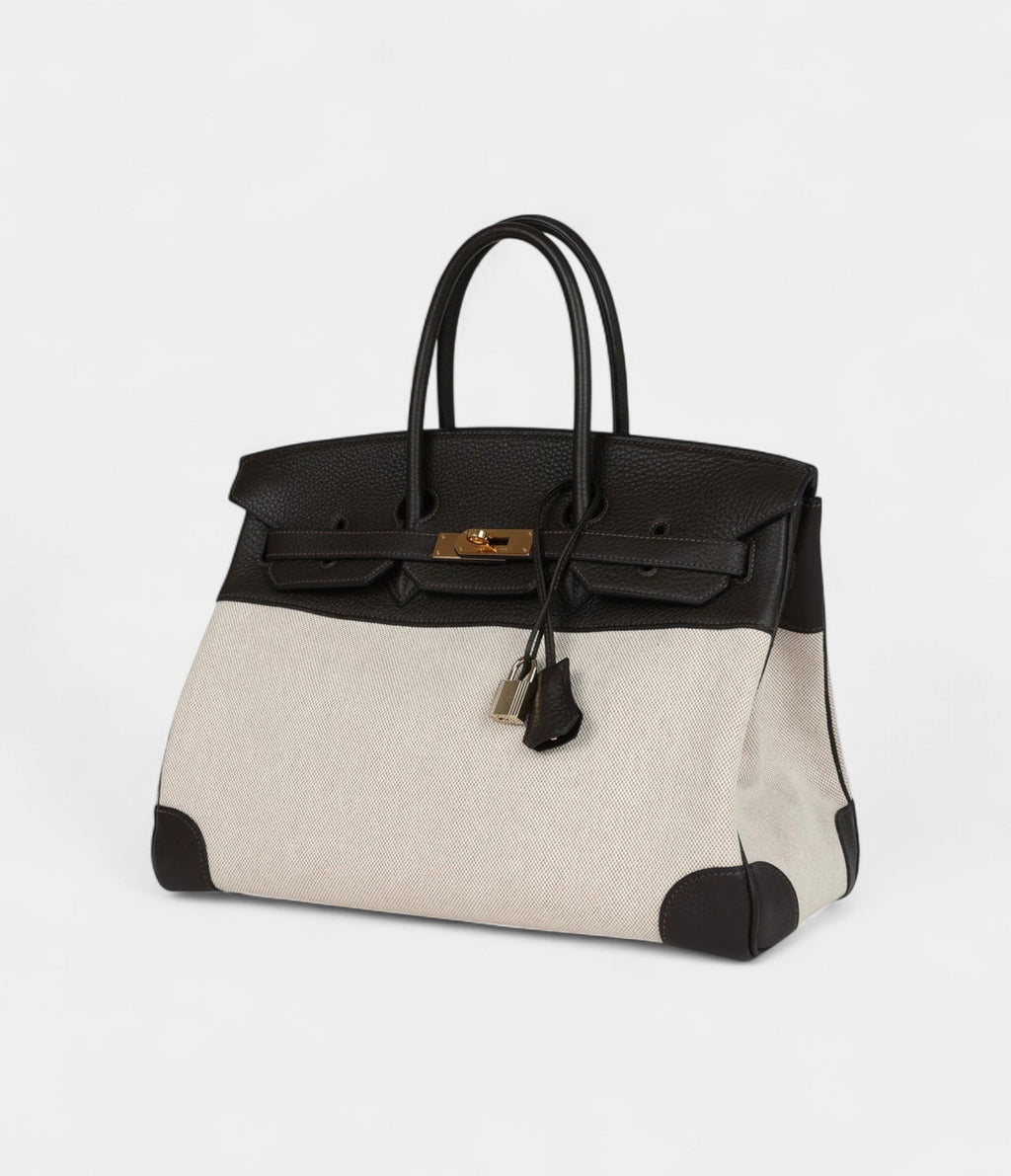 HM BK 35 Ebene Clemence and Ecru-Beige Toile H Canvas Gold Hardware