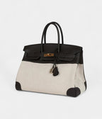 HM BK 35 Ebene Clemence and Ecru-Beige Toile H Canvas Gold Hardware