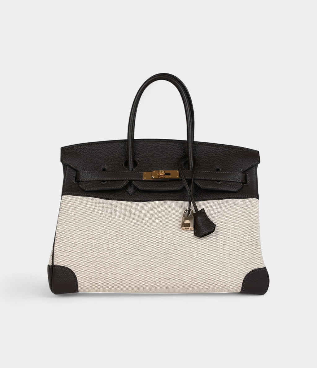 HM BK 35 Ebene Clemence and Ecru-Beige Toile H Canvas Gold Hardware