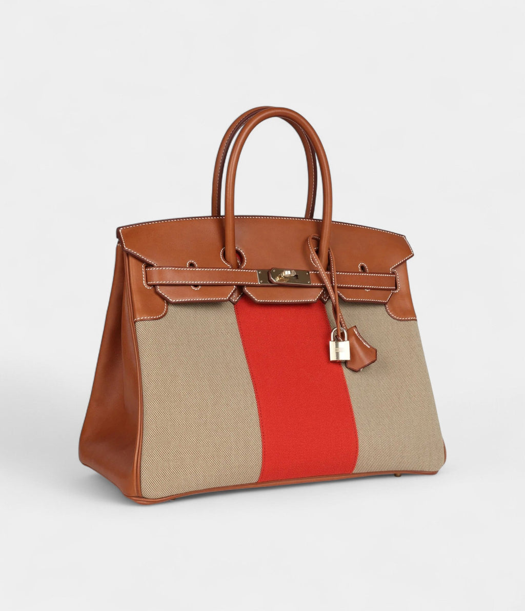 HM BK 35 Flag Ficelle and Paprika Toile Fauve Barenia Permabrass Hardware
