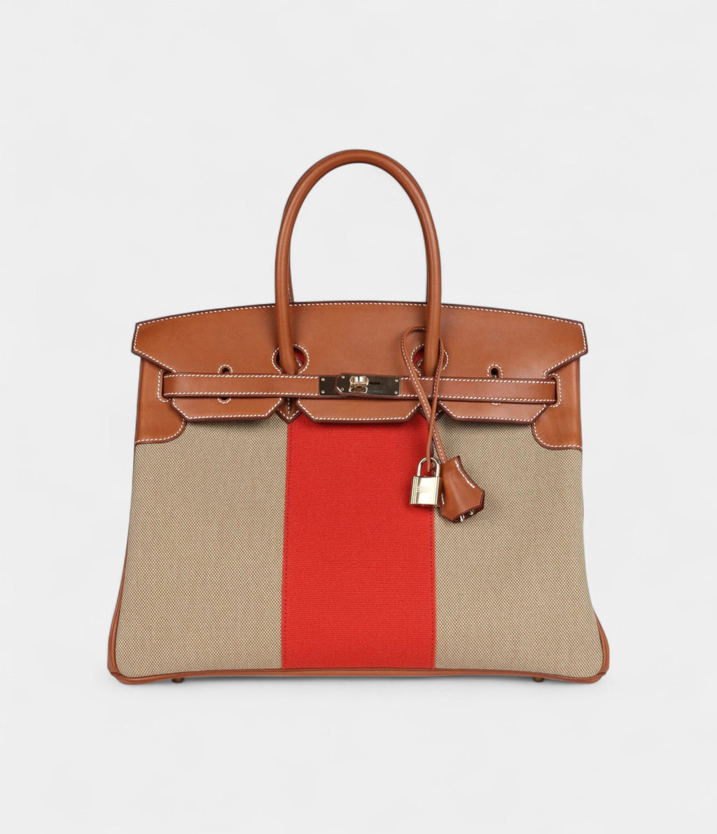 HM BK 35 Flag Ficelle and Paprika Toile H and Fauve Barenia Permabrass Hardware