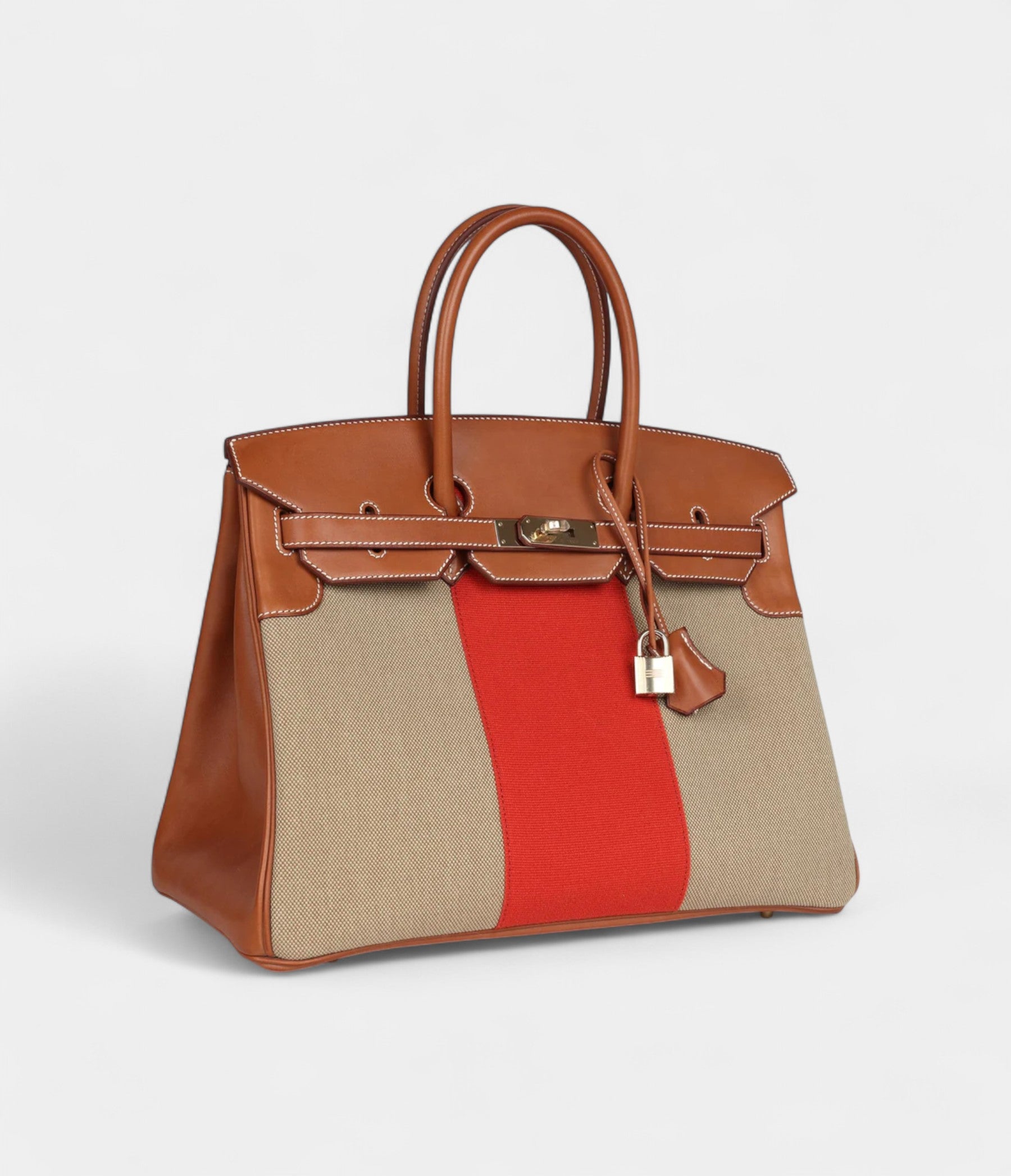 HM BK 35 Flag Ficelle and Paprika Toile H and Fauve Barenia Permabrass Hardware