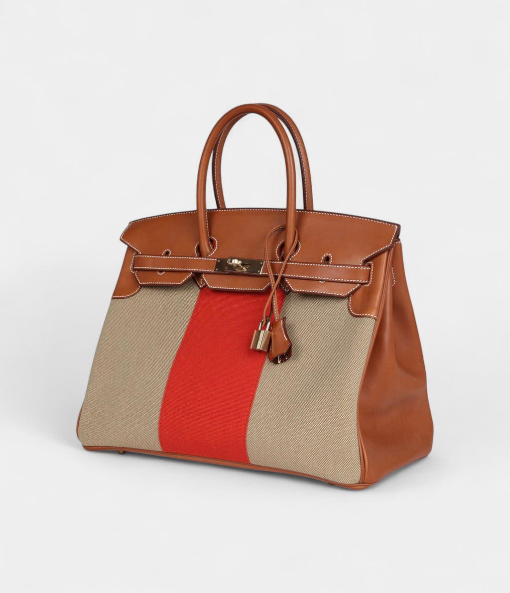 HM BK 35 Flag Ficelle and Paprika Toile H and Fauve Barenia Permabrass Hardware