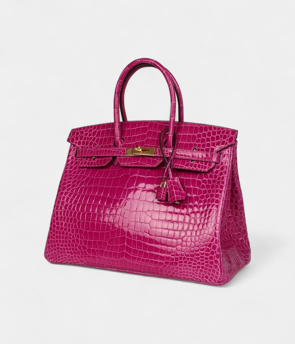 HM BK 35 Rose Scheherazade Shiny Porosus Crocodile Gold Hardware