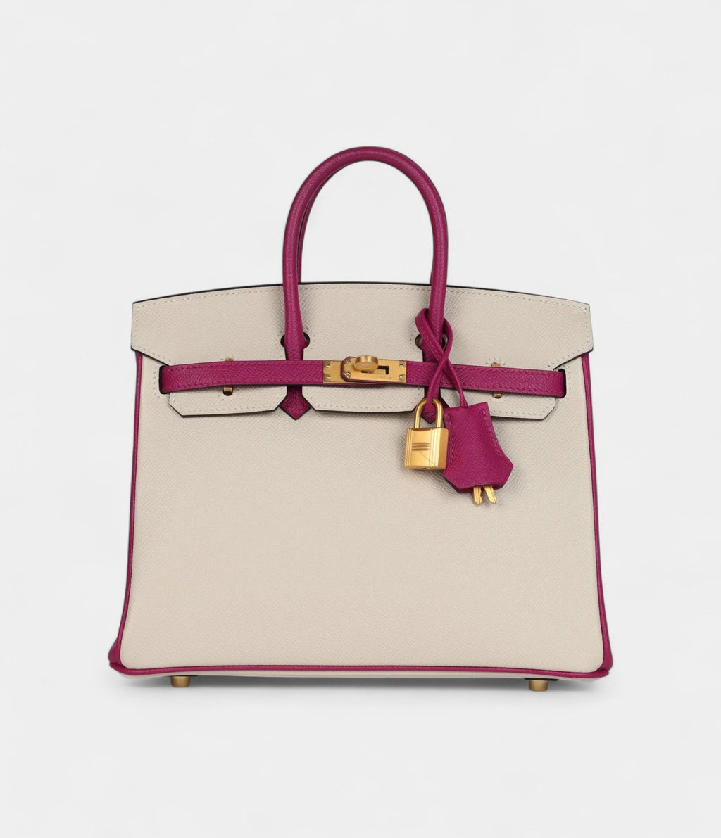 HM BK Sellier 25 Craie and Rose Pourpre Epsom Brushed Gold Hardware