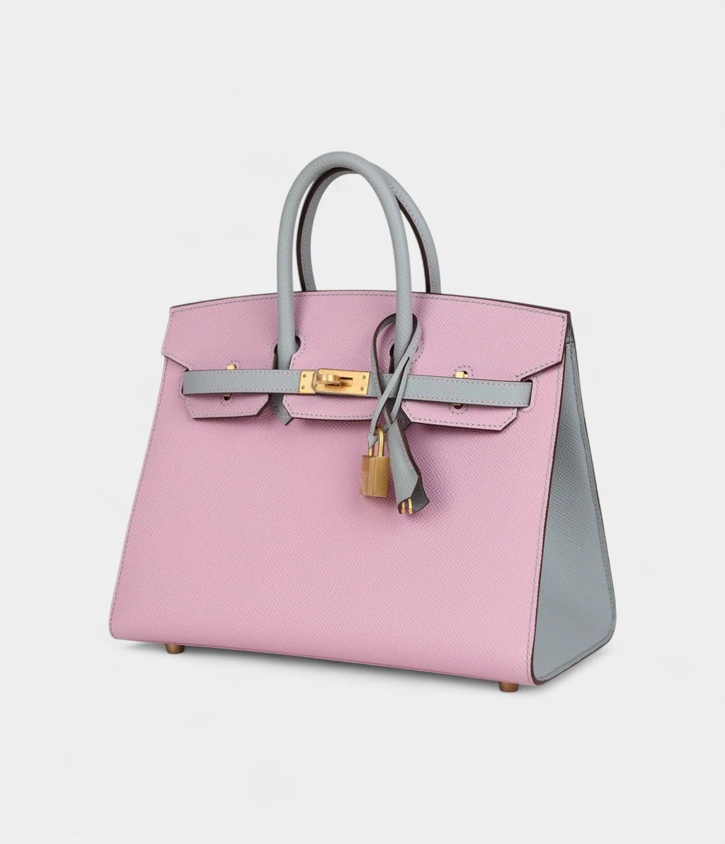 HM BK Sellier 25 Mauve Sylvestre and Bleu Glacier Epsom Brushed Gold Hardware