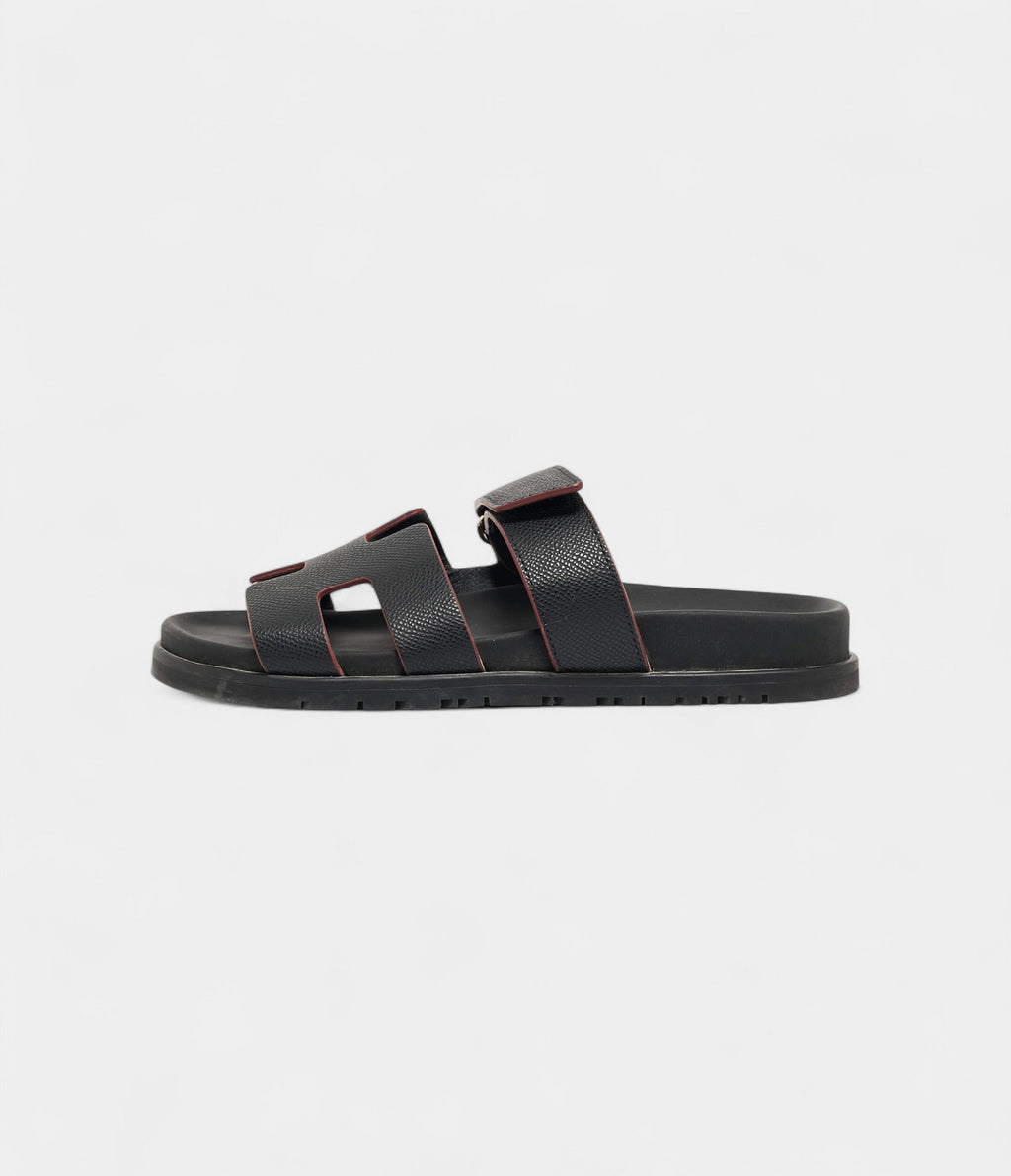 Hermes Black Leather Chypre Sandals 37 EU