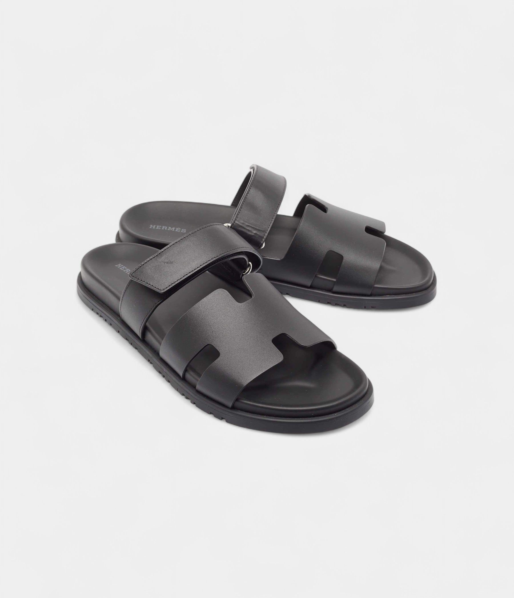 Hermes Black Leather Chypre Sandals 45.5 EU