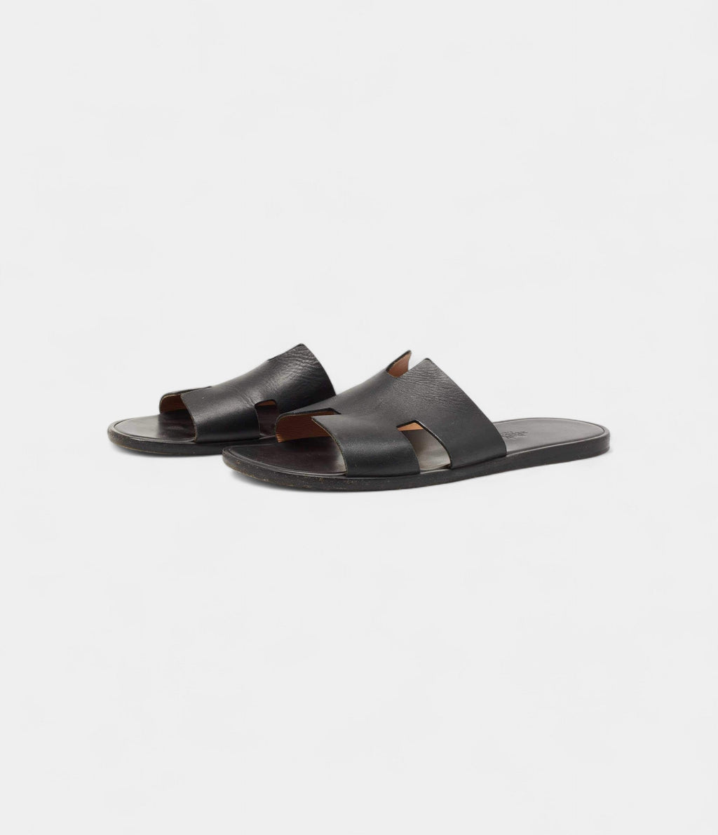 Hermes Black Leather Izmir Flat Slides 44 EU