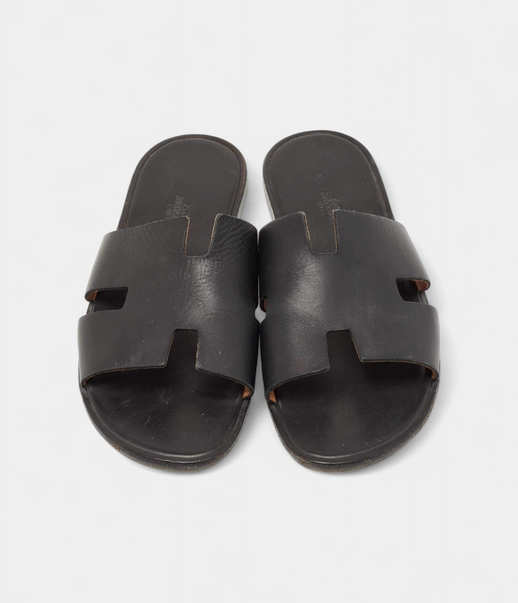 Hermes Black Leather Izmir Flat Slides 44 EU