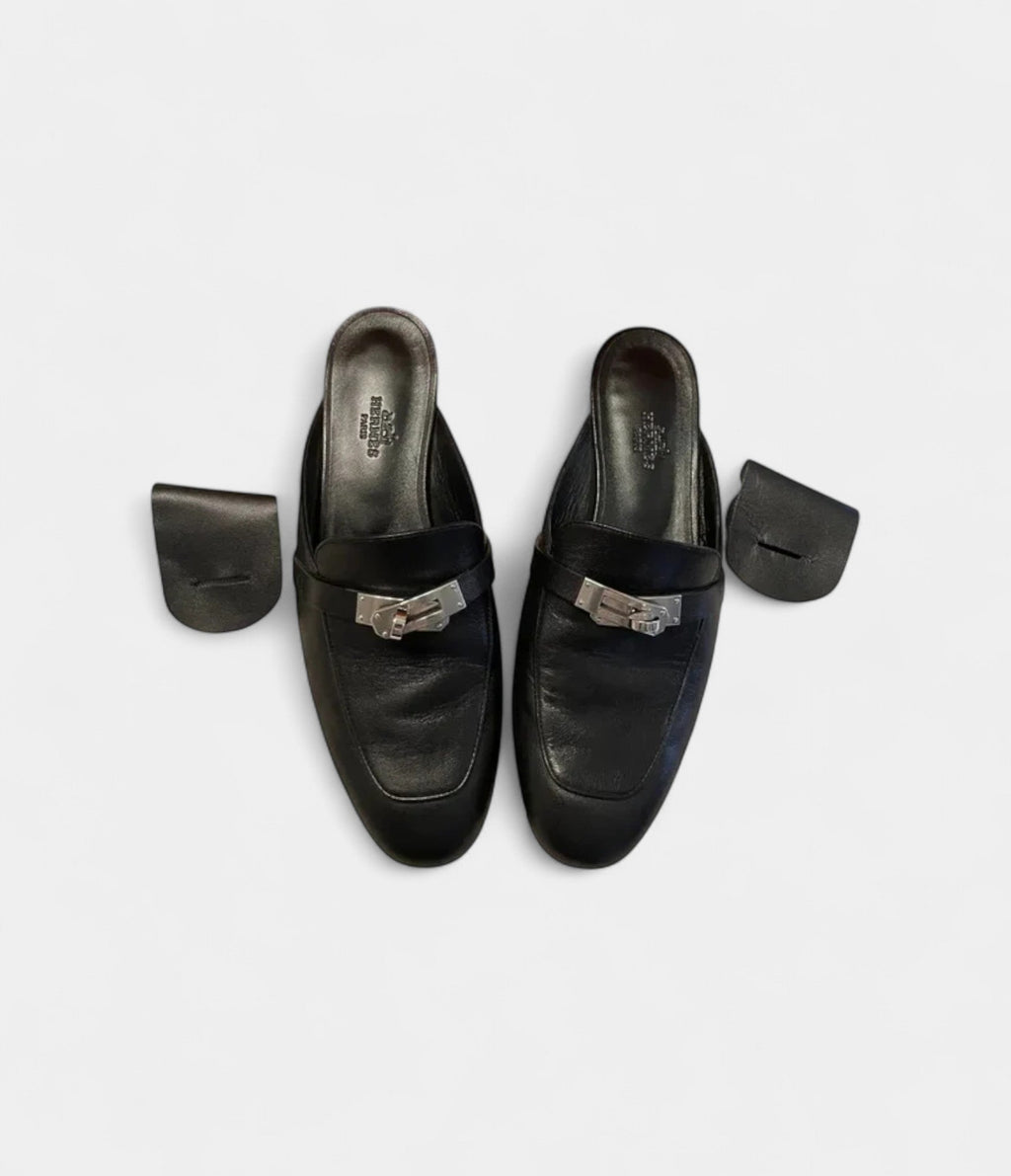 HMBlack Leather Oz Mules with Palladium Hardware