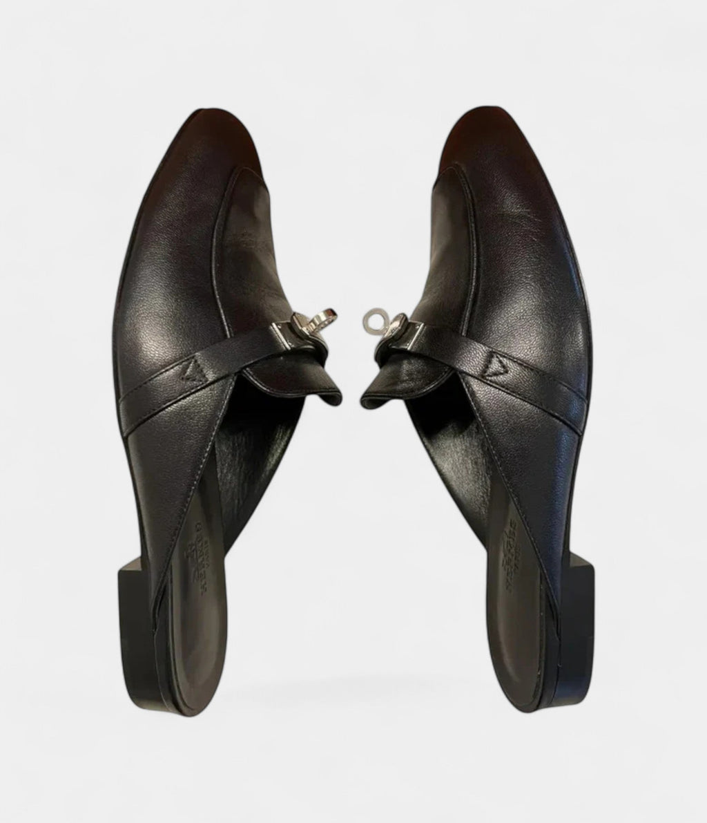 HMBlack Leather Oz Mules with Palladium Hardware