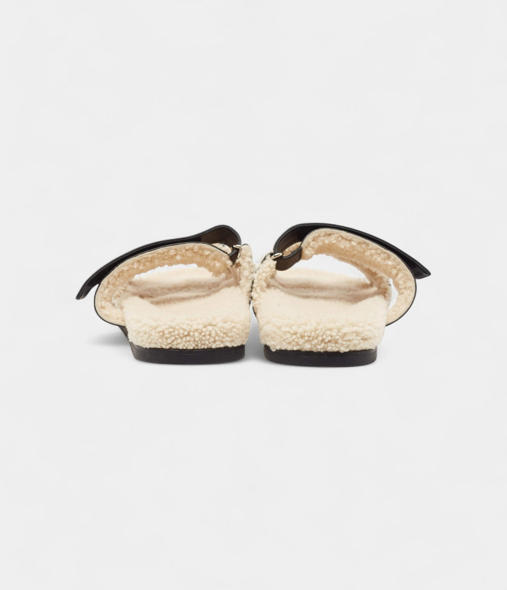 Hermes Black Leather and Shearling Fur Lined Chypre Sandals 45.5 EU