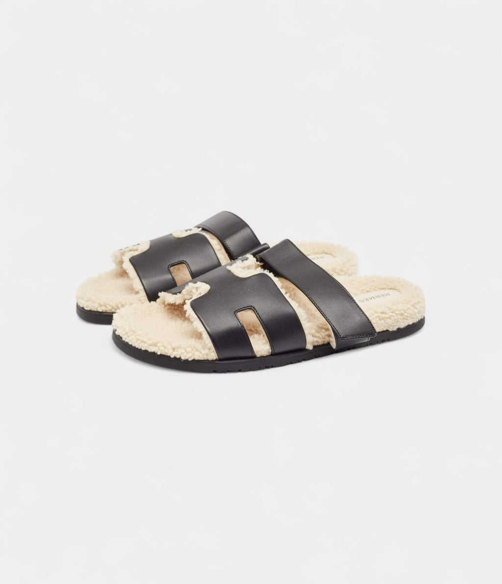 Hermes Black Leather and Shearling Fur Lined Chypre Sandals 45.5 EU