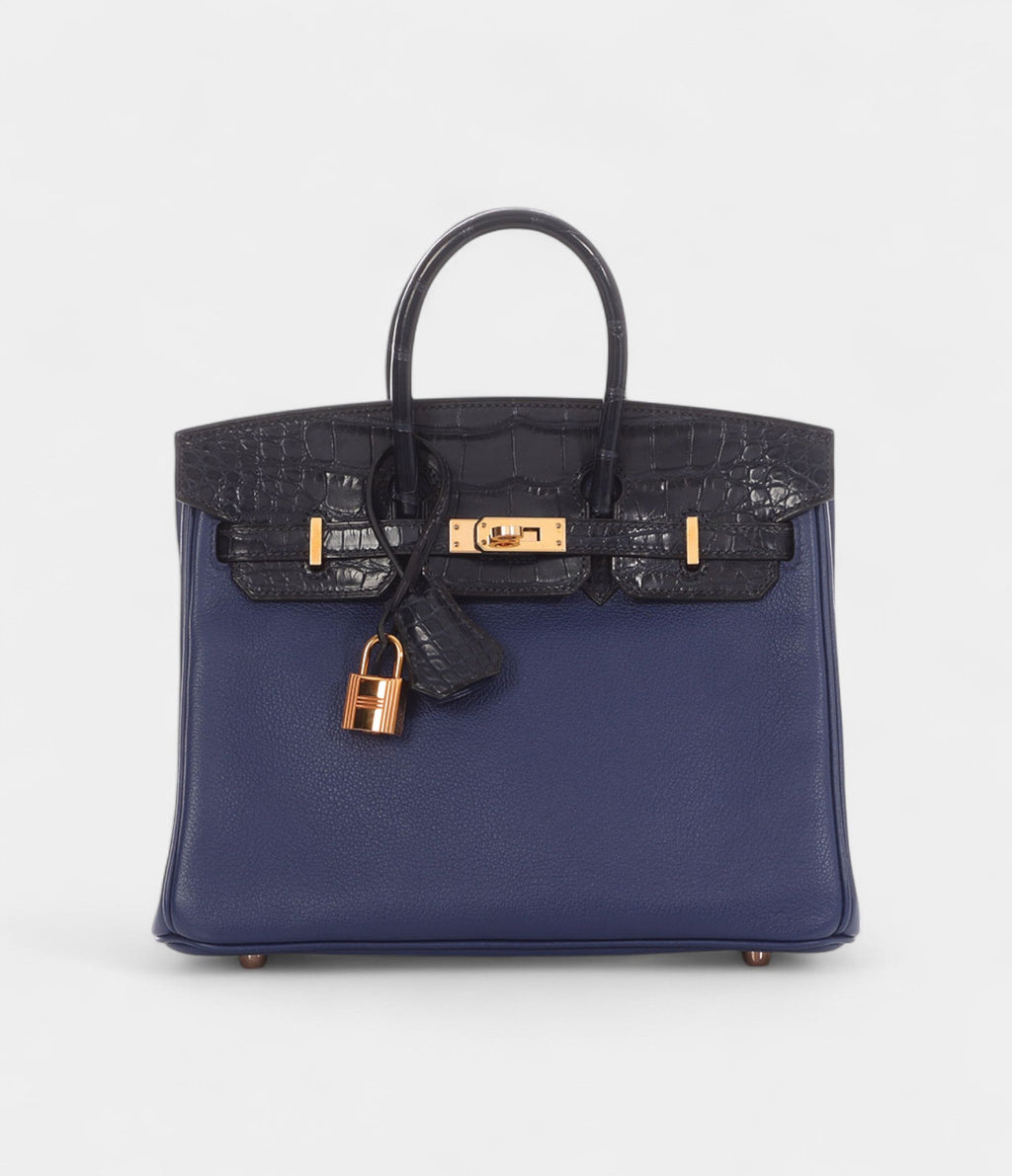 HMBleu Saphir Novillo and Bleu Marine Matte Alligator BK Touch 25 Rose Gold Hardware