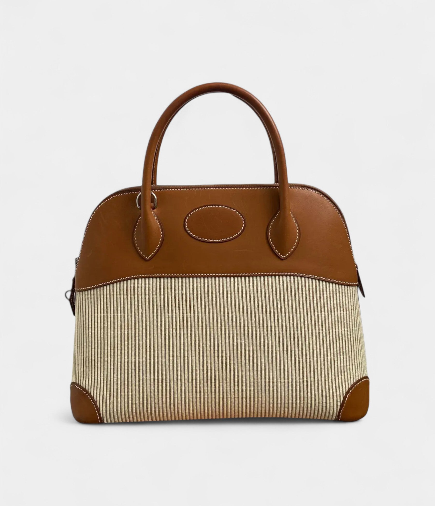 HMBolide 31 Bag in Striped Canvas and Brown Leather – Handmade Classic Tote