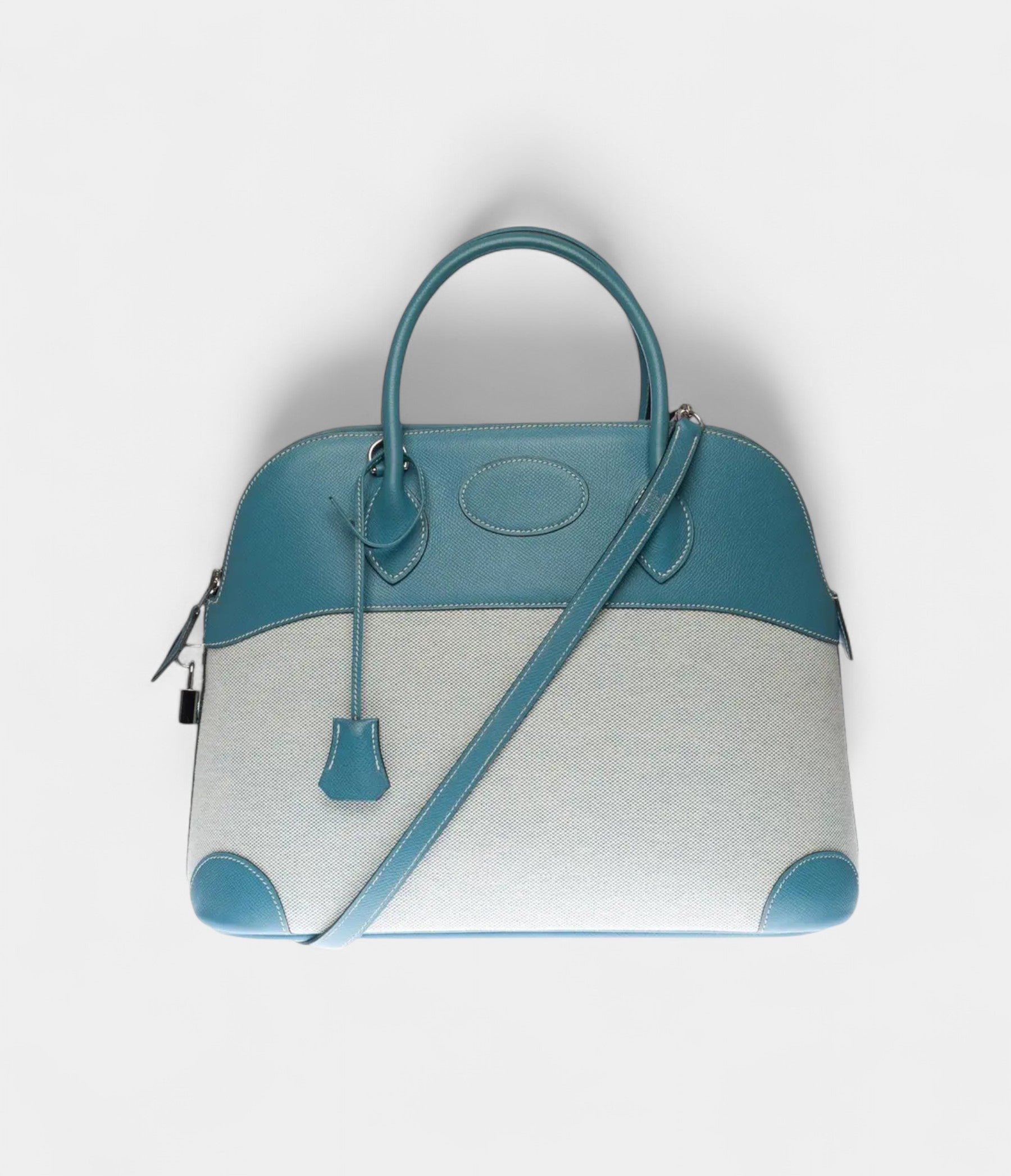 HMBolide 35 Bag in Blue Leather and Canvas – Handmade Two-Tone Shoulder Bag