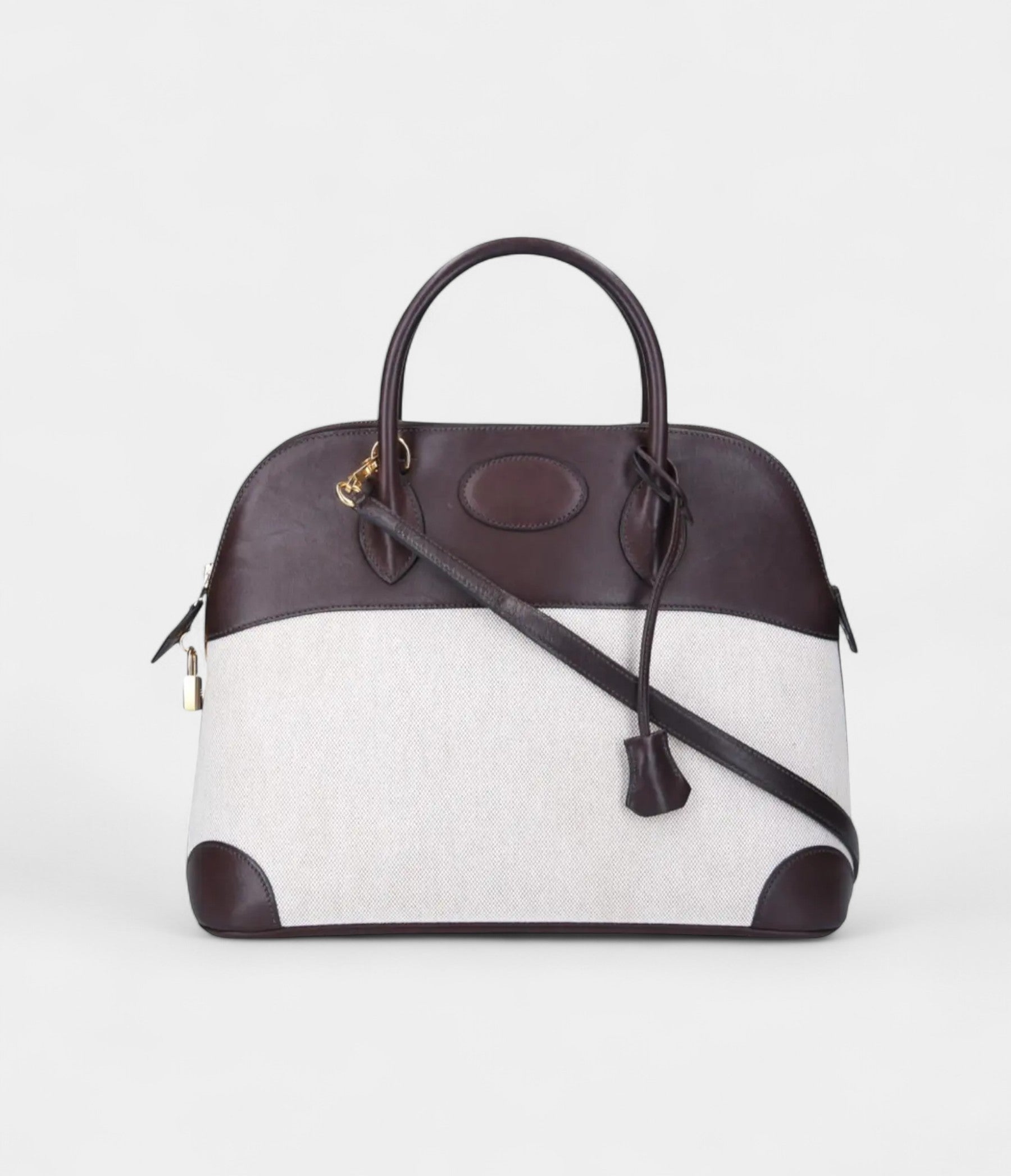HMBolide 35 Bag in Brown Leather and Canvas – Handmade Two-Tone Shoulder Bag