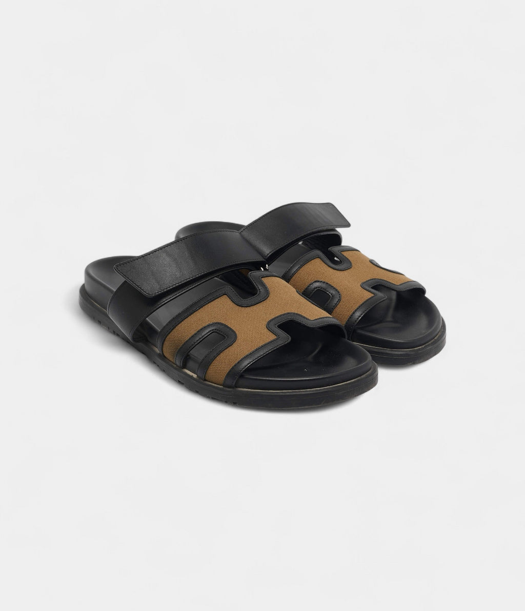 Hermes Brown/Black Canvas and Leather Chypre Sandals 41.5 EU
