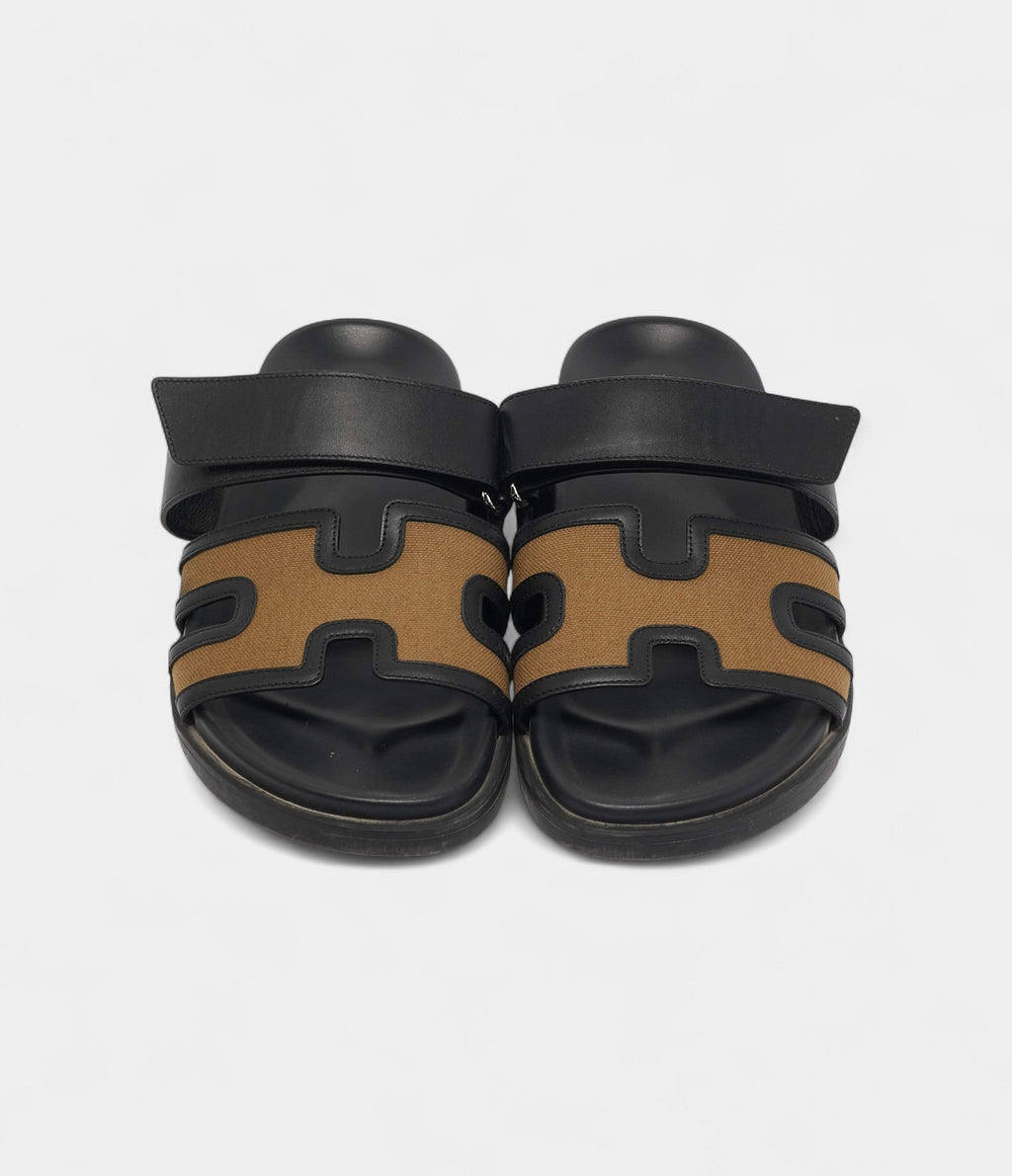 Hermes Brown/Black Canvas and Leather Chypre Sandals 41.5 EU