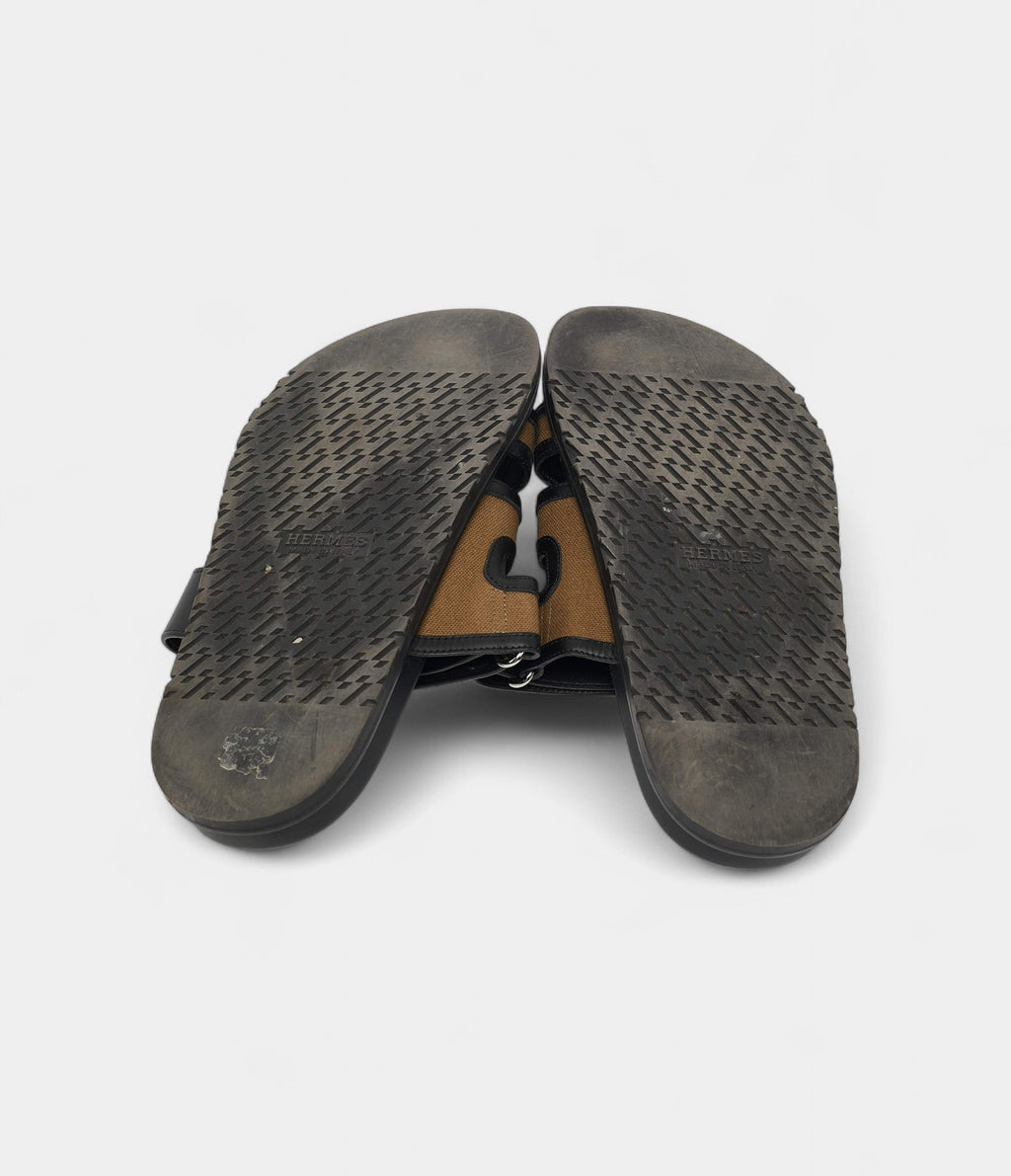 Hermes Brown/Black Canvas and Leather Chypre Sandals 41.5 EU