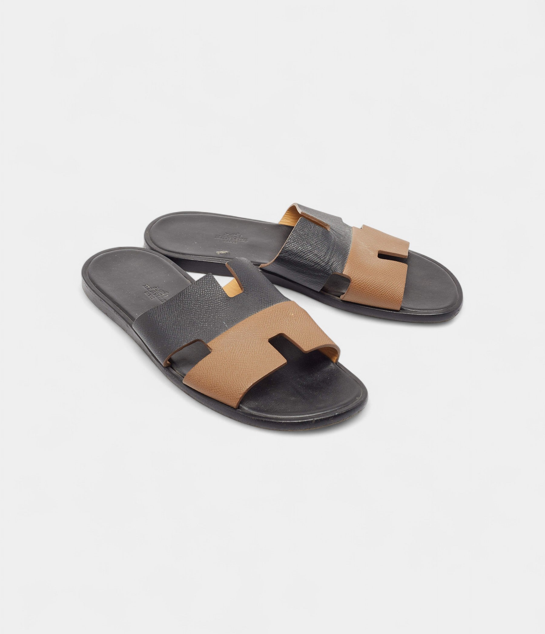 Hermes Brown/Black Leather Izmir Flat Slides 43 EU