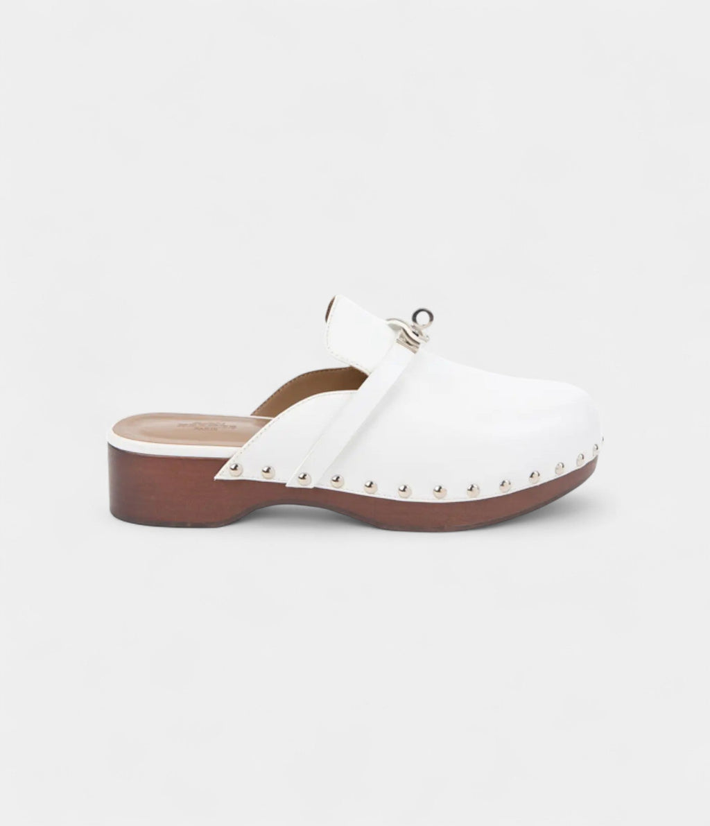 HMCarlotta White Leather Mules with Studded Wooden Platform and Palladium Hardware