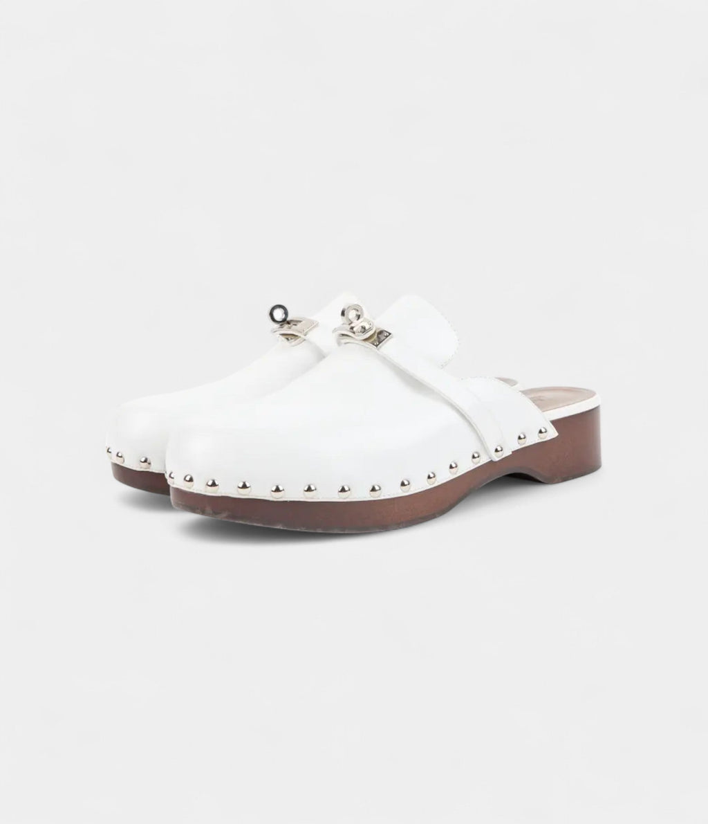 HMCarlotta White Leather Mules with Studded Wooden Platform and Palladium Hardware
