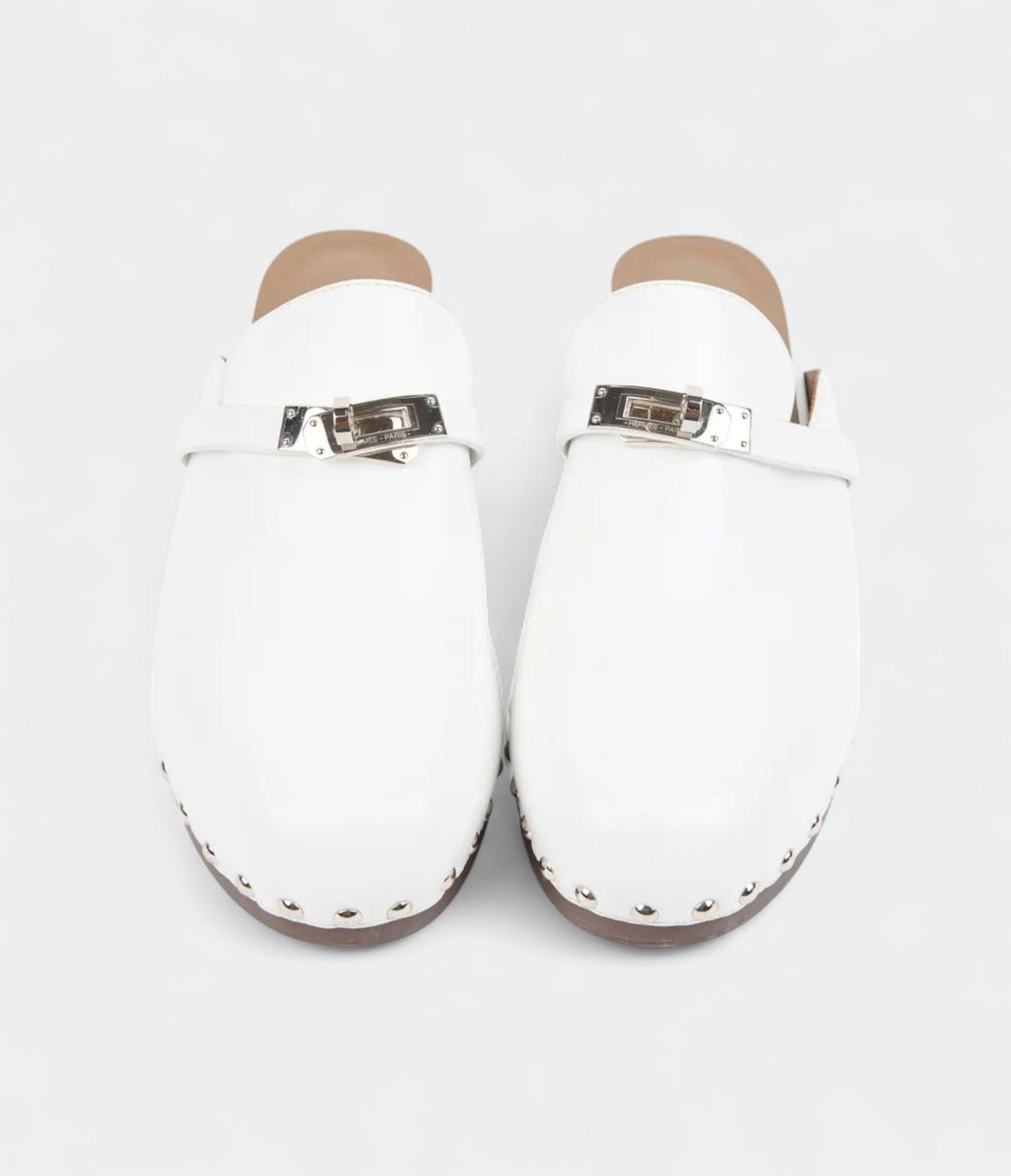 HMCarlotta White Leather Mules with Studded Wooden Platform and Palladium Hardware