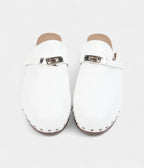 HMCarlotta White Leather Mules with Studded Wooden Platform and Palladium Hardware