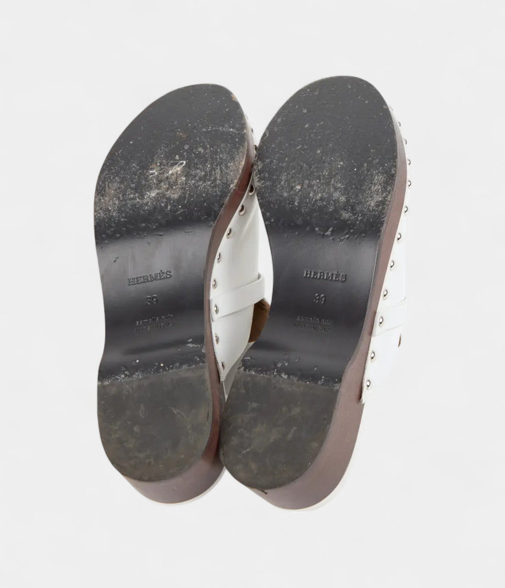 HMCarlotta White Leather Mules with Studded Wooden Platform and Palladium Hardware