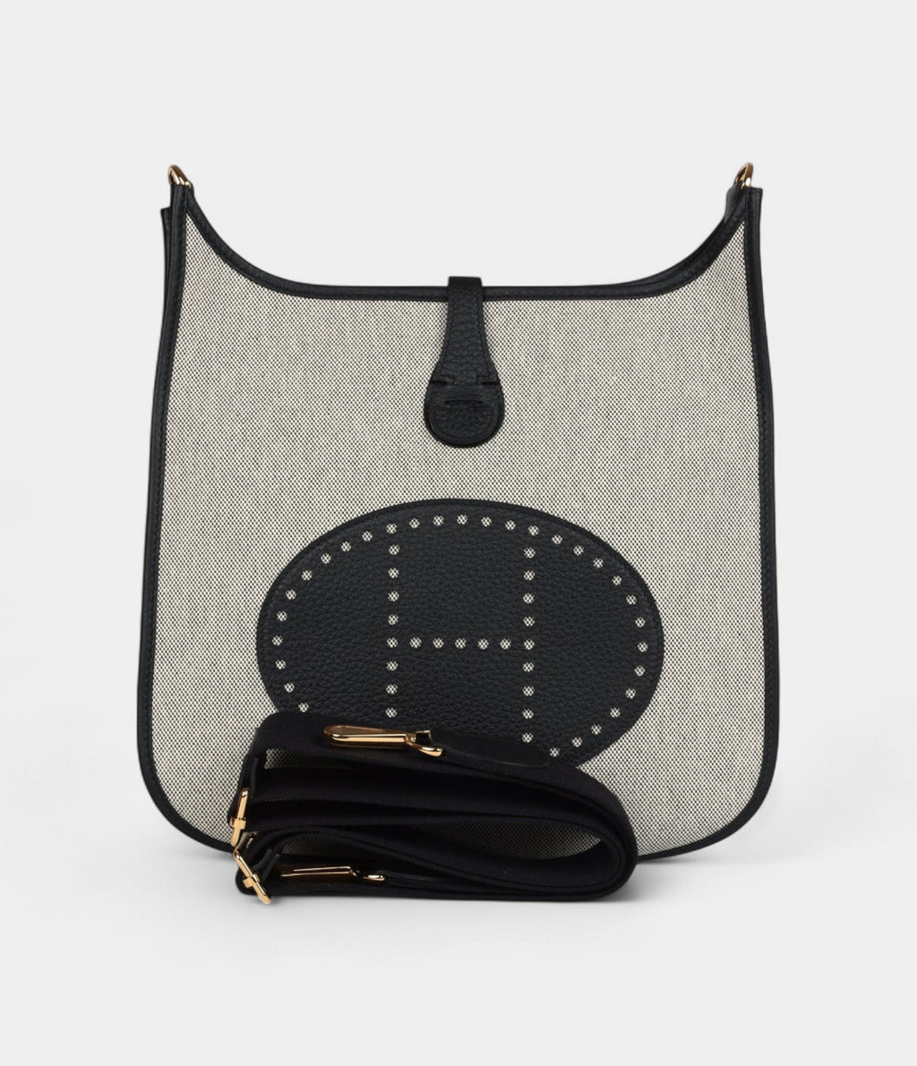 HMEvelyne III PM Black Clemence and Ecru Toile Gold Hardware