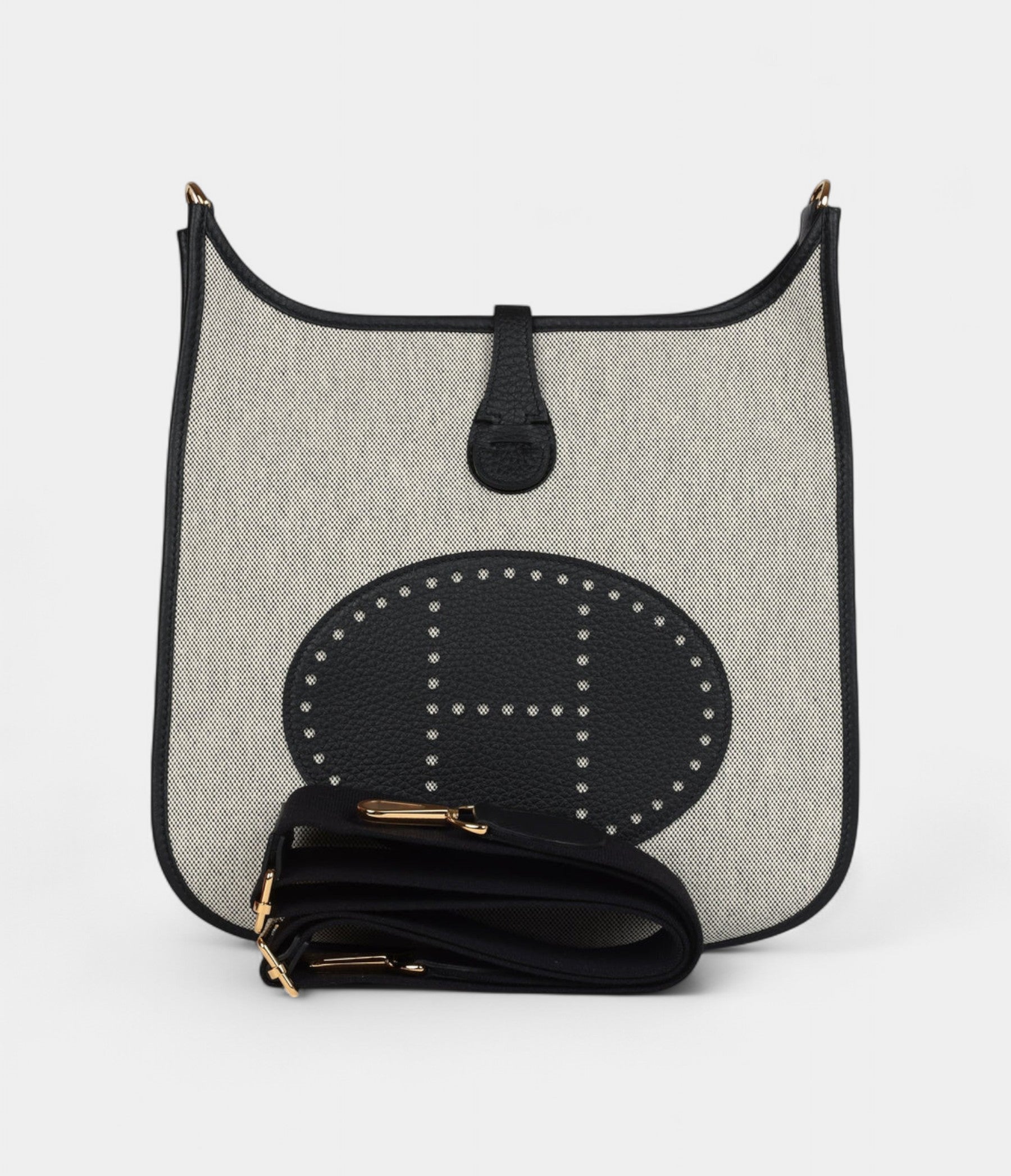 HMEvelyne III PM Black Clemence and Ecru Toile Gold Hardware
