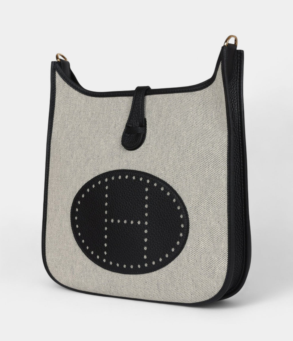 HMEvelyne III PM Black Clemence and Ecru Toile Gold Hardware