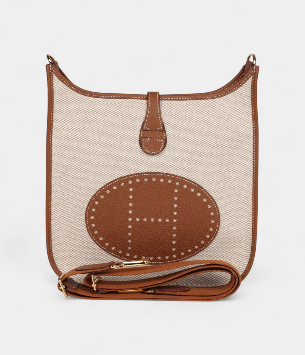 HMEvelyne III PM Gold Clemence and Ecru Toile H Canvas Gold Hardware