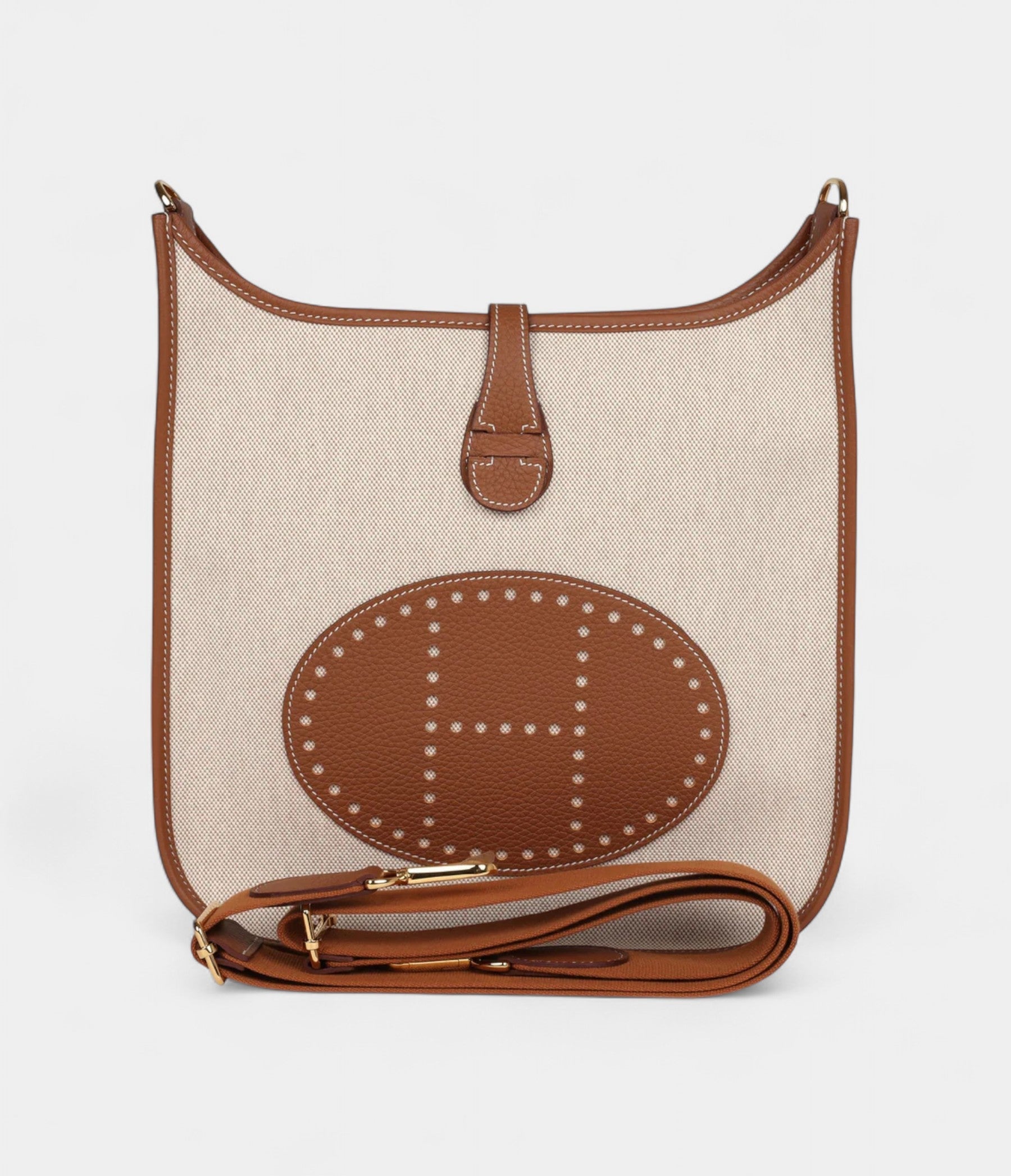HMEvelyne III PM Gold Clemence and Ecru Toile H Canvas Gold Hardware